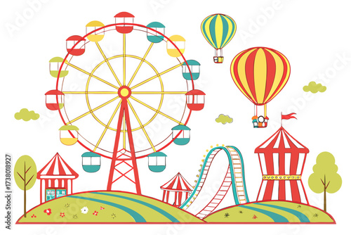 Colorful amusement park with ferris wheel and hot air balloons