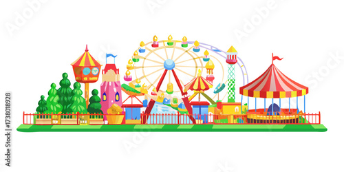 Colorful amusement park with Ferris wheel and rides