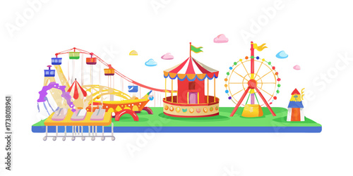 Colorful amusement park with rides and attractions