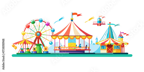 Colorful amusement park rides with Ferris wheel and carousel