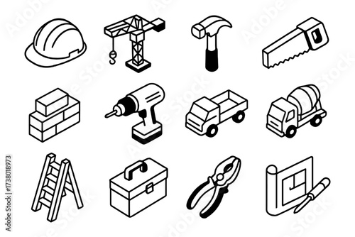 Construction tools and equipment icons set in black and white line art style