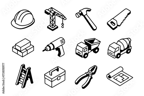 Construction equipment icons in isometric style for building projects