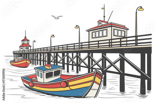Colorful boats at a seaside pier with watchtower ocean