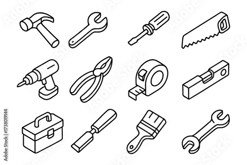 Set of essential hand tools in modern linear style for diy and maintenance