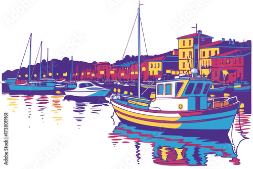 Colorful boats in a harbor at night with building reflections