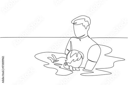 Single continuous line drawing a man holding a baby girl learning to swim. The first day of swimming for the cute and adorable baby. National Learn to Swim Day. One line design vector illustration