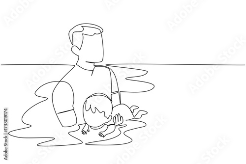 Single one line drawing a man holding baby boy learning to swim. Introducing swimming pools to teach swimming from an early age. National Learn to Swim Day. Continuous line design graphic illustration