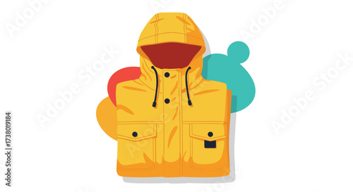 A bright yellow hooded jacket with pockets and buttons on a white background with colorful abstract shapes.