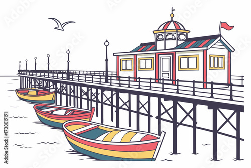 Colorful boats moored at a seaside pier with a building