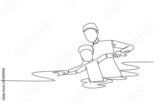Continuous one line drawing a woman holding a boy learning to swim. Taught to swim by a mother with full dedication. Exercise. National Learn to Swim Day. Single line draw design vector illustration
