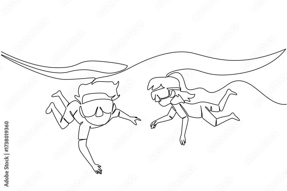 Fototapeta premium Single one line drawing boys and girls using swimming goggles for diving. Two brothers and sisters in the swimming pool. Newbie. National Learn to Swim Day. Continuous line design graphic illustration