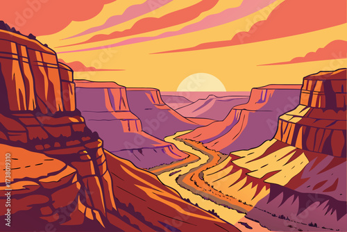 Colorful canyon landscape at sunrise illustration nature