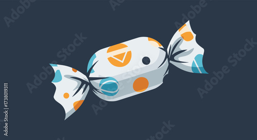 A cute wrapped candy with colorful polka dots and whimsical markings.