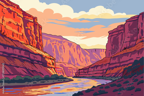 Colorful canyon river at sunset illustration landscape