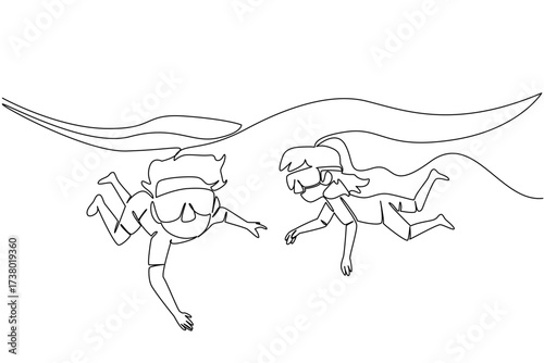 Single one line drawing boys and girls using swimming goggles for diving. Two brothers and sisters in the swimming pool. Newbie. National Learn to Swim Day. Continuous line design graphic illustration
