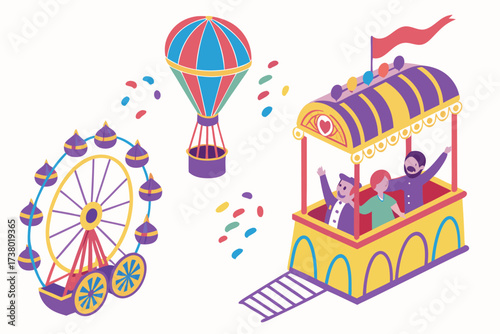 Colorful carnival parade with Ferris wheel and hot air balloon