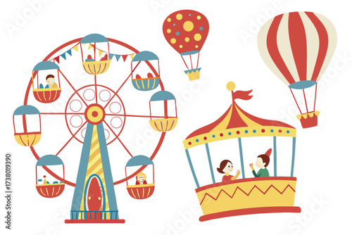 Colorful carnival rides and hot air balloons illustration