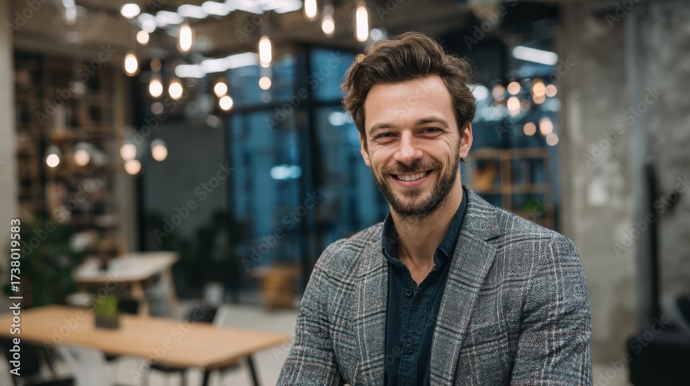 Fototapeta premium Confident man in modern office attire smiling at the camera, showcasing a friendly and professional demeanor.