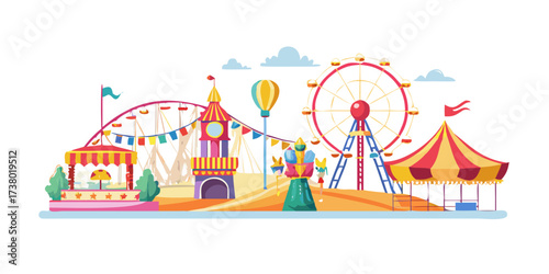 Colorful Carnival Scene with Ferris Wheel and Rides