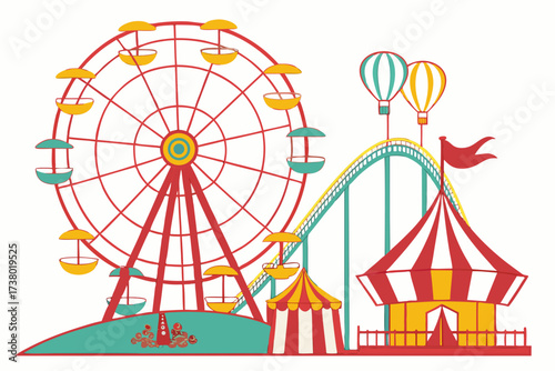 Colorful Carnival Scene with Ferris Wheel and Roller Coaster