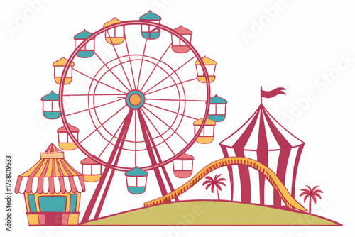 Colorful Carnival Scene with Ferris Wheel and Tent