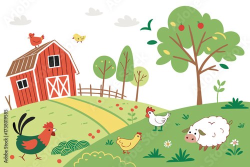 Colorful cartoon farm with animals and barn sheep chicken