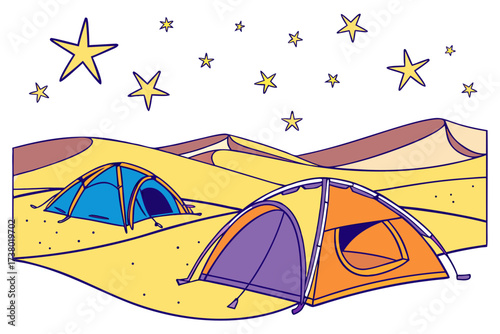 Colorful desert night with tents and stars camping