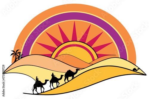 Colorful desert sunrise with camels and palm trees