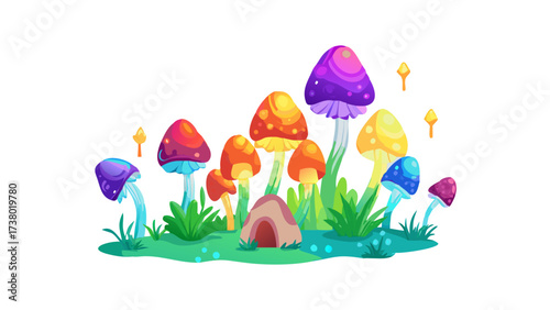 Colorful fantasy mushrooms with glowing accents forest