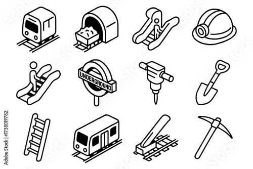 Isometric mining icon set featuring tools, transportation, and equipment