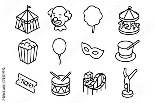 Outline icons of carnival elements: tent, clown, cotton candy, carousel, popcorn, and more