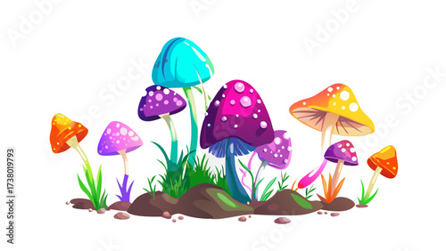 Colorful fantasy mushrooms on a white background magical