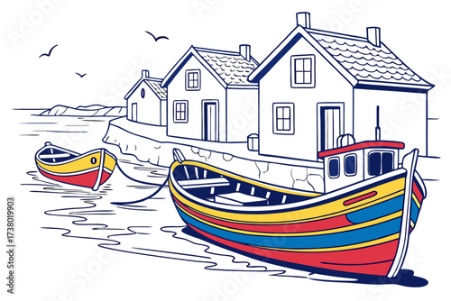 Colorful fishing boats at a coastal village fishing village