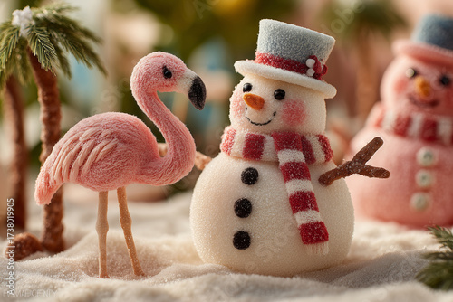 Christmas joy in a tropical paradise with playful flamingo and snowman