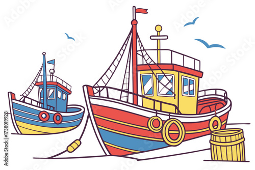 Colorful fishing boats at harbor with seagulls ocean