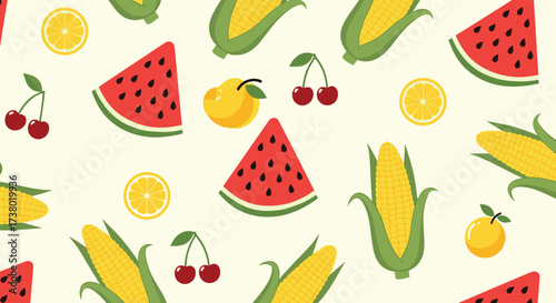 A cheerful summer harvest pattern featuring juicy watermelons sweet cherries ripe corn and bright lemons.