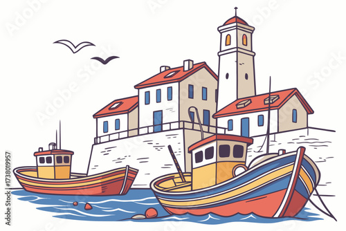 Colorful fishing boats in a coastal village with a bell tower