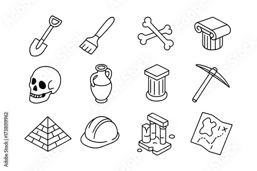 Archaeological tools and artifacts in linear style for historical exploration
