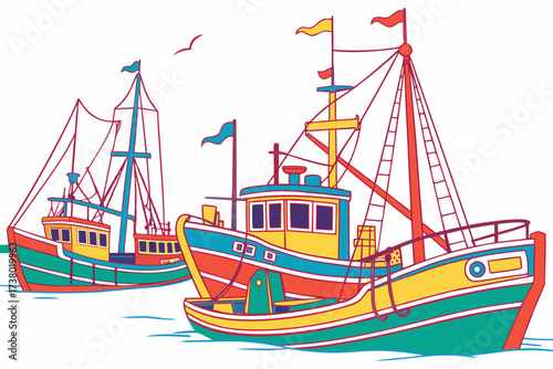 Colorful fishing boats in a harbor art ship water
