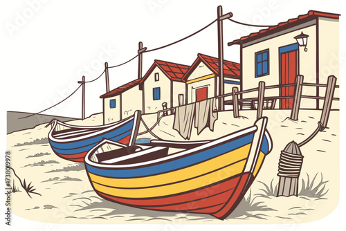 Colorful fishing boats on a sandy beach with small houses