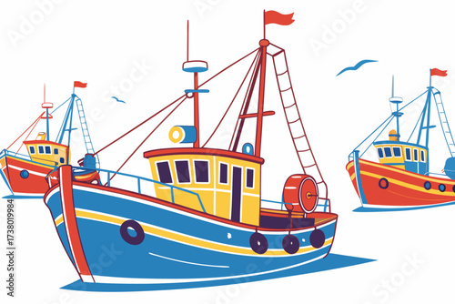 Colorful fishing boats in a harbor illustration ocean