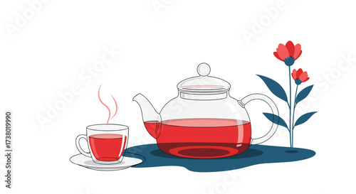 A steaming cup of herbal tea beside a glass teapot with a small plant and flowers.