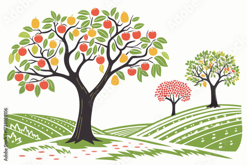 Colorful fruit trees on rolling green hills orchard 1