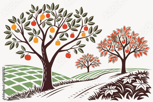 Colorful fruit trees on rolling green hills orchard 2