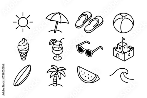 Minimalist summer beach icons: sun, sand, surf, and refreshments