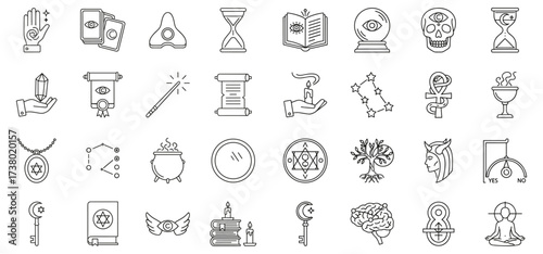 Occultism mystical symbols of magic divination with magical elements related to witchcraft spiritual rituals and fortune telling in a minimalist line drawing style icon set