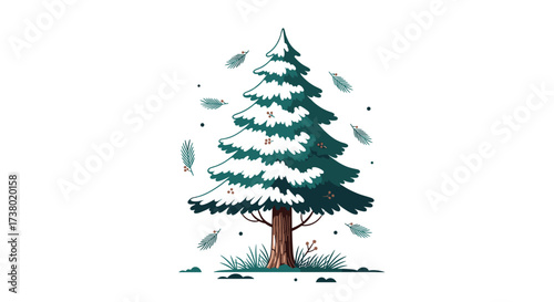 A winter pine tree in a snowy landscape with falling leaves.