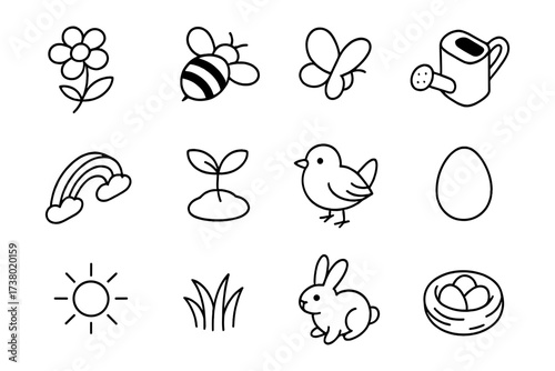 Springtime nature icons: black and white line art collection