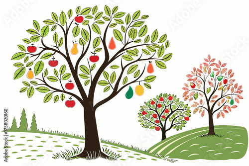 Colorful fruit trees on rolling green hills orchard