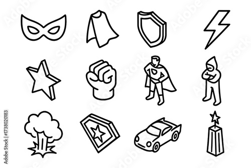 Heroic icons: bold line art of masks, shields, and superheroes